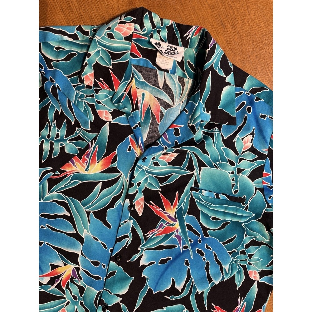 Vintage Hilo Hattie Hawaiian Shirt Men XXL Black Tropical Monstera Cotton Hawaii